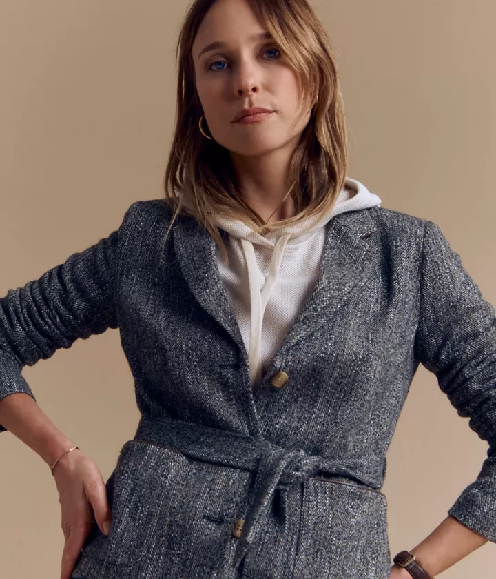 Vestes & Manteaux>DEVERNOIS Blazer ceinturé tweed en laine Style saharienne Marron