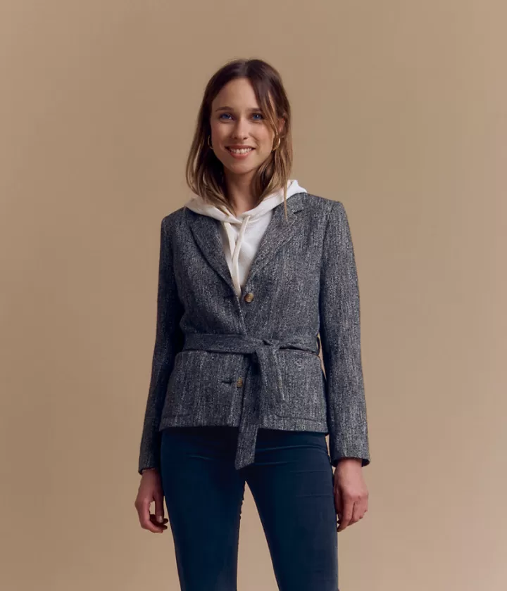 Vestes & Manteaux>DEVERNOIS Blazer ceinturé tweed en laine Style saharienne Marron