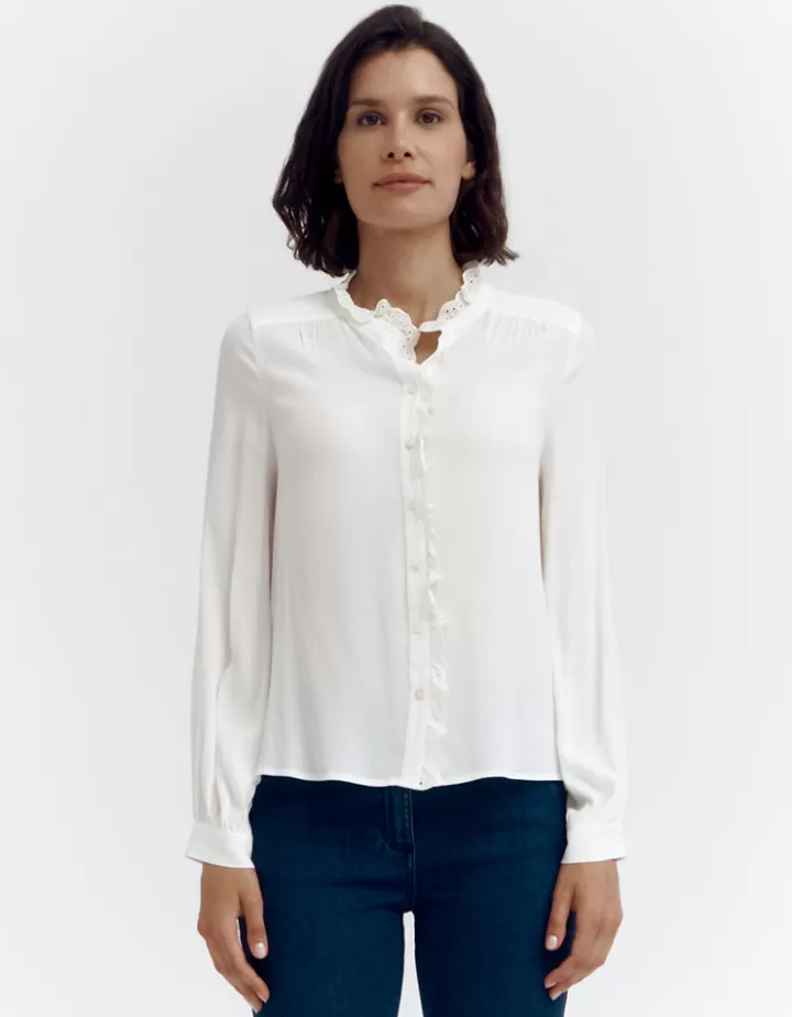 Tops & Chemises>DEVERNOIS Blouse avec volant brodé En crêpe de viscose Blanccasse