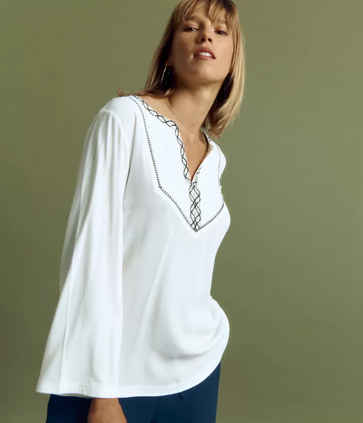 Tops & Chemises>DEVERNOIS Blouse brodée en crêpe de viscose Encolure V Blanccasse