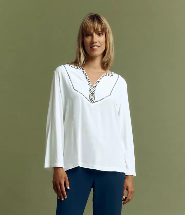 Tops & Chemises>DEVERNOIS Blouse brodée en crêpe de viscose Encolure V Blanccasse