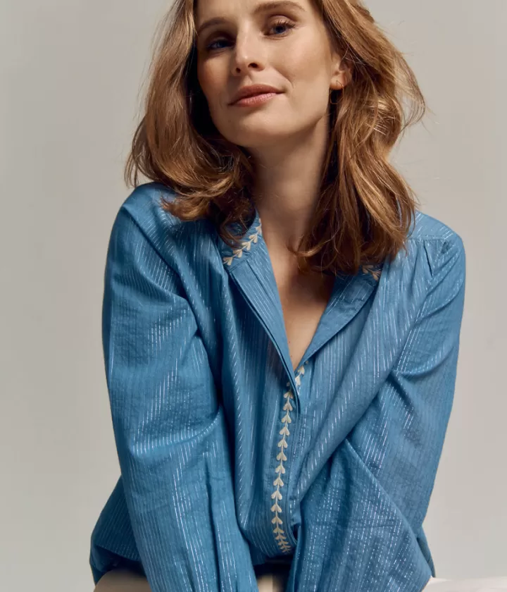 Tops & Chemises>DEVERNOIS Blouse en coton Détails brodés Bleuceleste
