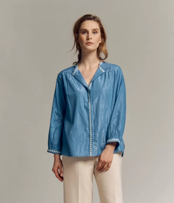 Tops & Chemises>DEVERNOIS Blouse en coton Détails brodés Bleuceleste