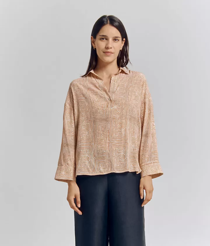 Tops & Chemises>DEVERNOIS Blouse en crêpe de viscose Manches 3/4 Beige