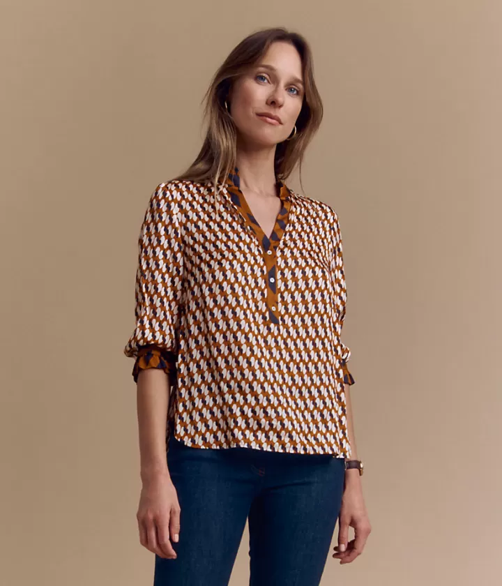 Tops & Chemises>DEVERNOIS Blouse imprimée satinée Imprimé géométrique Marron