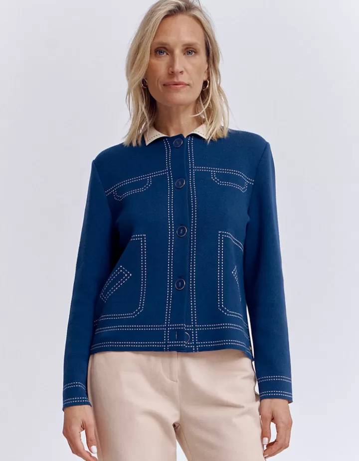 Vestes & Manteaux | Maille>DEVERNOIS Blouson maille en laine mérinos Tricoté en France Bleumarine