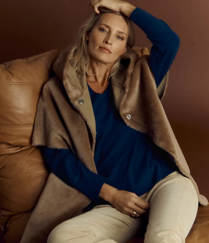 Vestes & Manteaux>DEVERNOIS Cape en peau lainée Réversible Marroncaramel