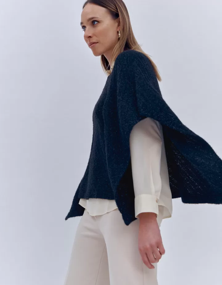 Maille>DEVERNOIS Cape maille en laine et alpaga Made in France Noir