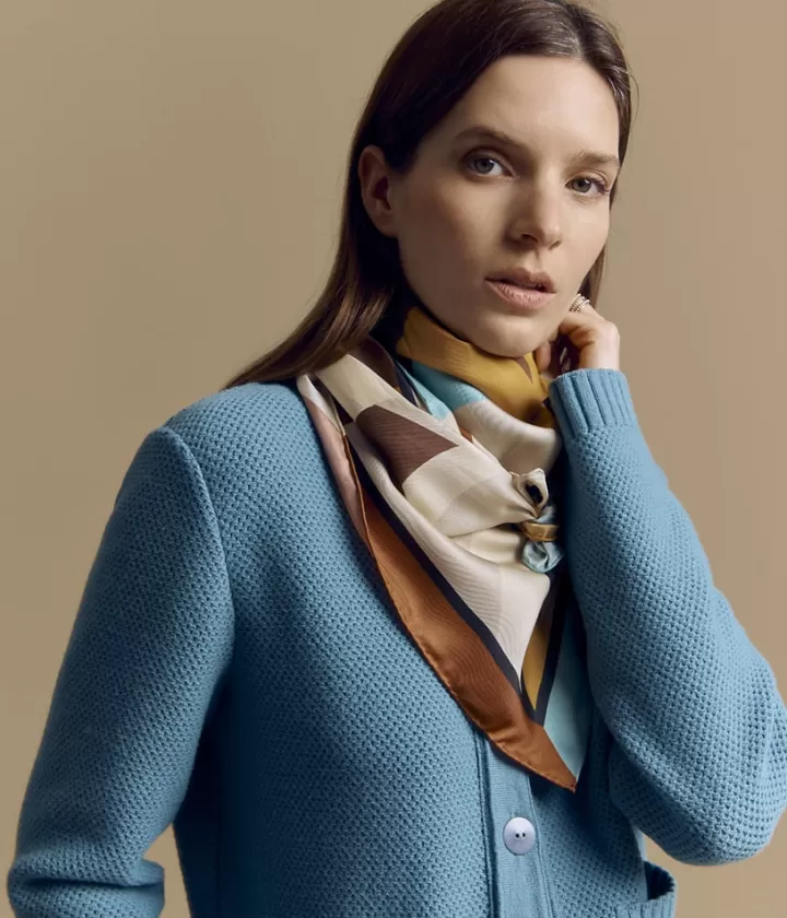 Accessoires>DEVERNOIS Carré imprimé en twill de soie Dessin exclusif vintage Jaune