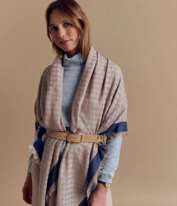 Accessoires>DEVERNOIS Écharpe imprimée en coton et laine Motif damier Beige