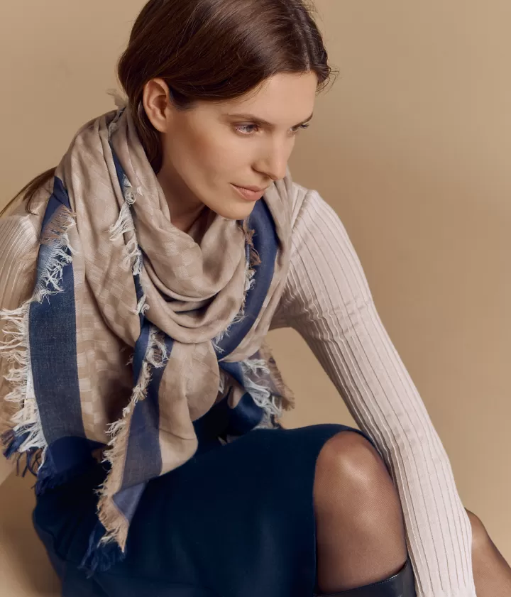 Accessoires>DEVERNOIS Écharpe imprimée en coton et laine Motif damier Beige