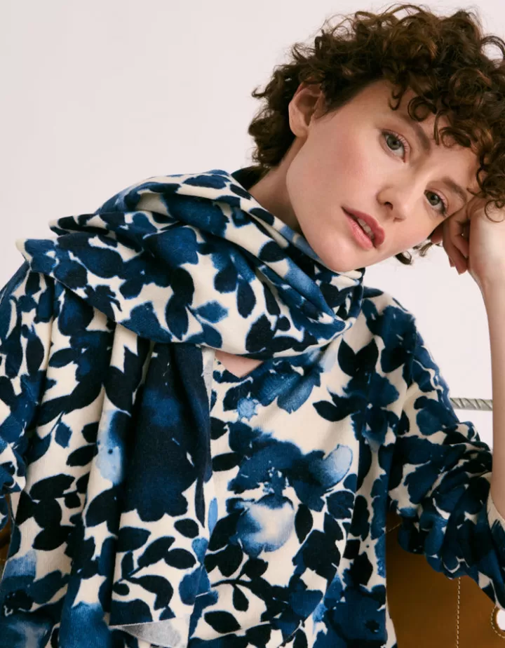 Accessoires>DEVERNOIS Écharpe imprimée En laine et cachemire Bleu