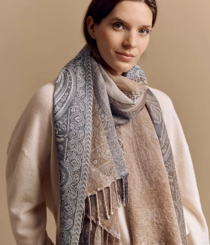 Accessoires>DEVERNOIS Écharpe imprimée en laine et modal Motif cachemire Beige