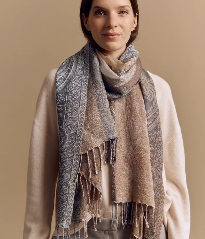 Accessoires>DEVERNOIS Écharpe imprimée en laine et modal Motif cachemire Beige