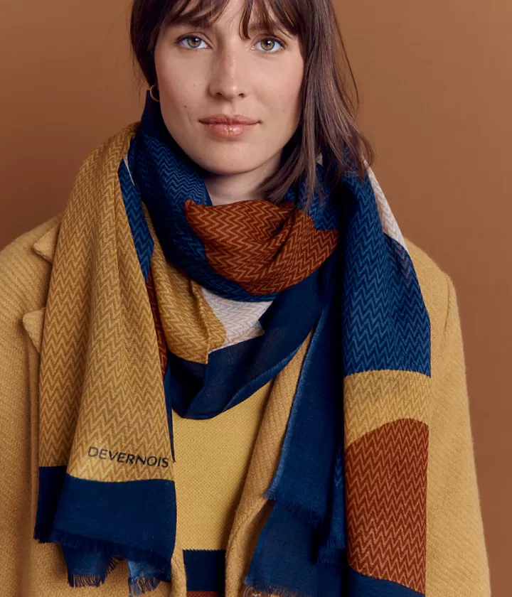 Accessoires>DEVERNOIS Écharpe imprimée en laine Imprimé graphique Bleumarine