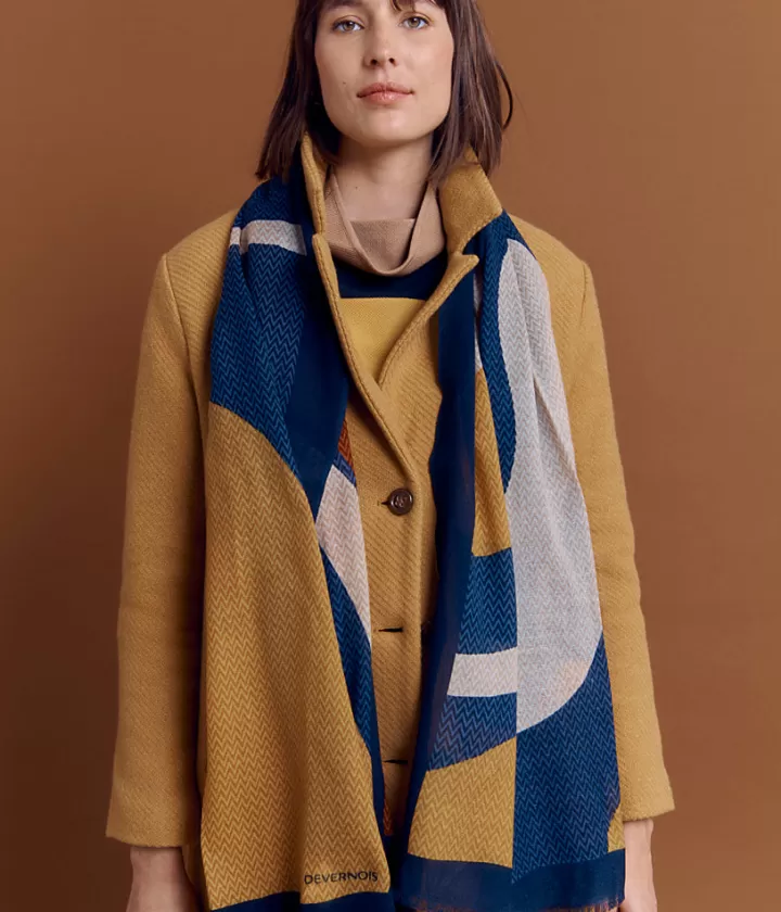 Accessoires>DEVERNOIS Écharpe imprimée en laine Imprimé graphique Bleumarine