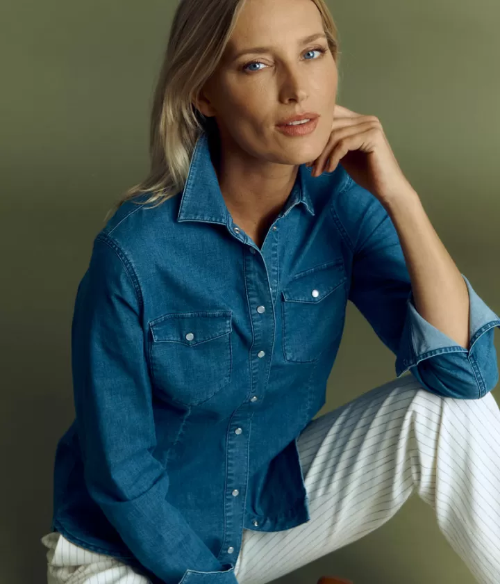 Tops & Chemises>DEVERNOIS Chemise denim en coton stretch Poches poitrine Bleujean
