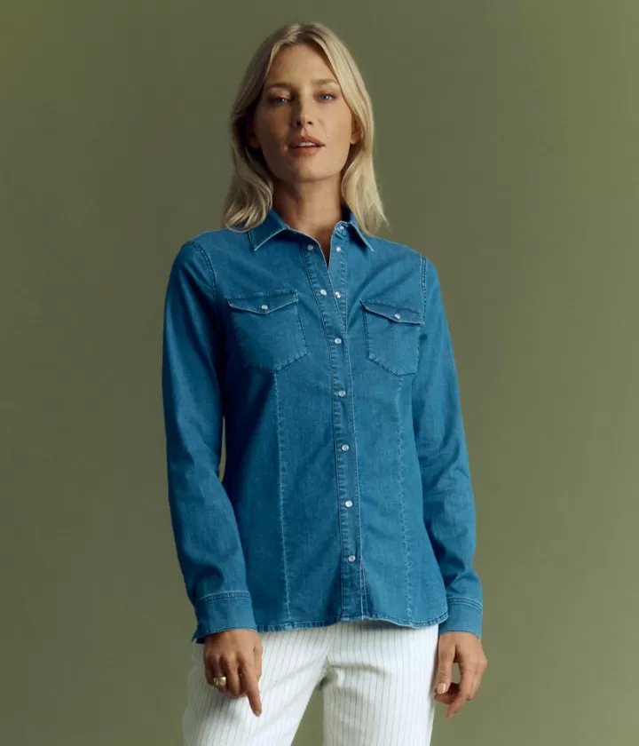 Tops & Chemises>DEVERNOIS Chemise denim en coton stretch Poches poitrine Bleujean