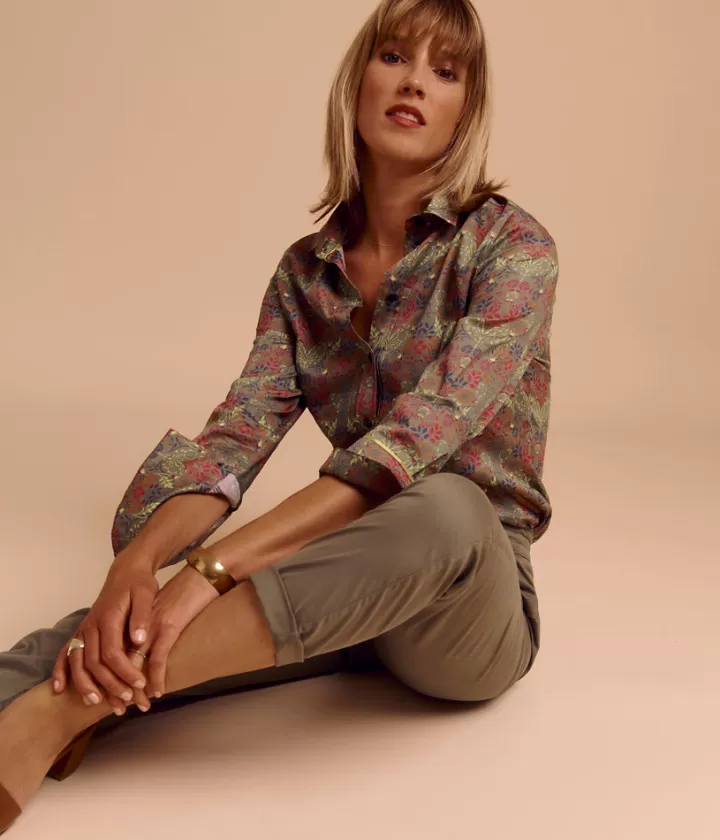 Tops & Chemises>DEVERNOIS Chemise imprimée en popeline de coton Tissu français Marronkaki