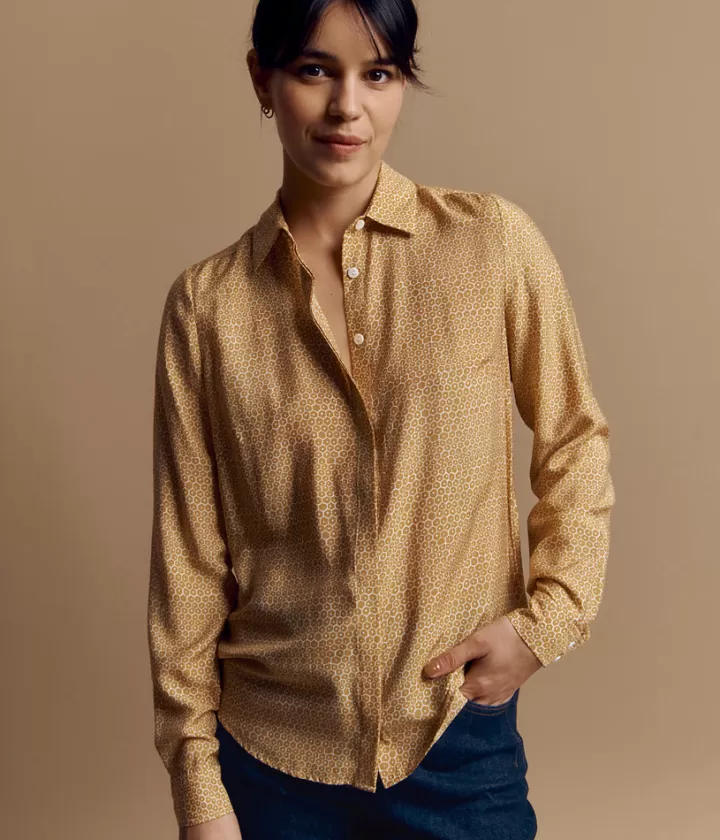 Tops & Chemises>DEVERNOIS Chemise imprimée en soie et viscose Boutonnage caché Jaune