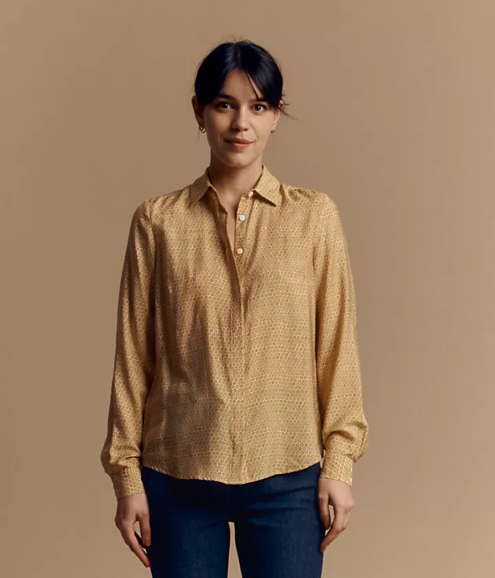 Tops & Chemises>DEVERNOIS Chemise imprimée en soie et viscose Boutonnage caché Jaune