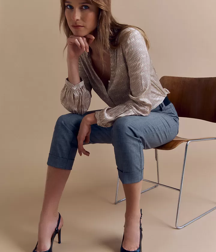 Tops & Chemises>DEVERNOIS Chemise imprimée en twill de viscose Col volanté Beige