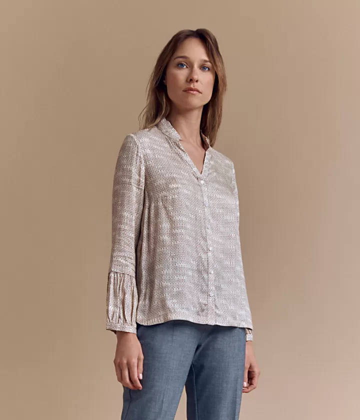 Tops & Chemises>DEVERNOIS Chemise imprimée en twill de viscose Col volanté Beige
