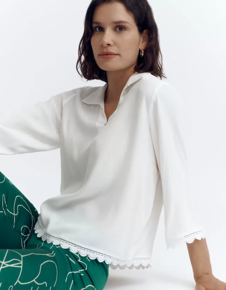 Tops & Chemises>DEVERNOIS Chemisier avec détails dentelle En crêpe de viscose Blanccasse