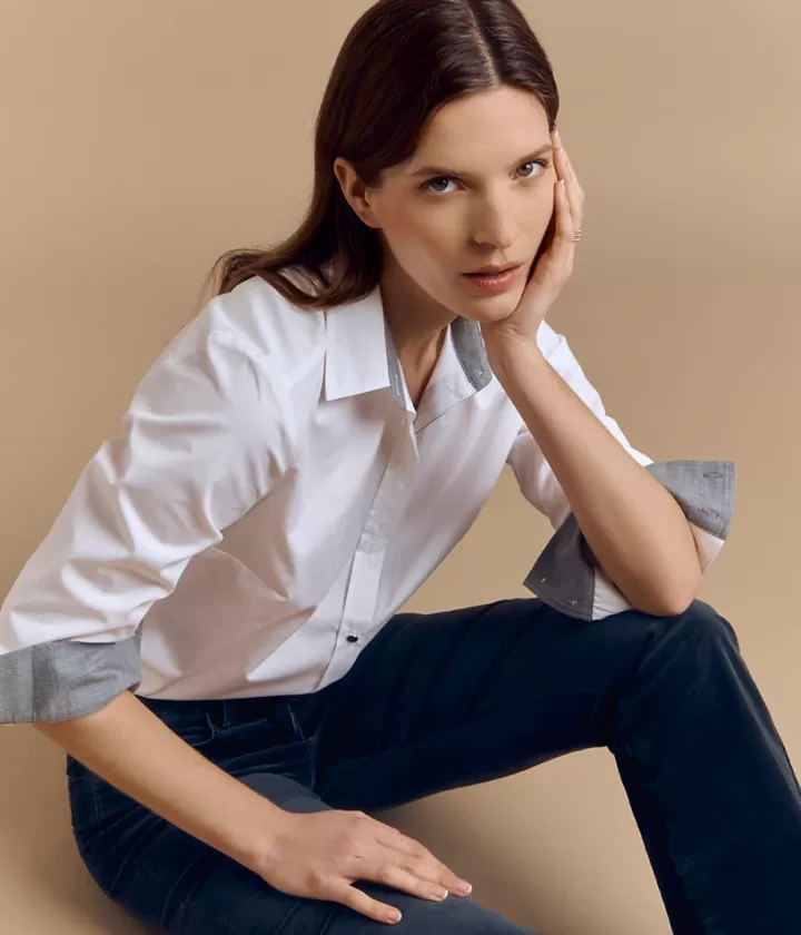Tops & Chemises>DEVERNOIS Chemisier en popeline de coton et flanelle Coupe droite Blanccasse