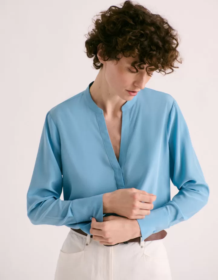 Tops & Chemises>DEVERNOIS Chemisier en soie lavée Encolure tunisienne Bleuatlantique