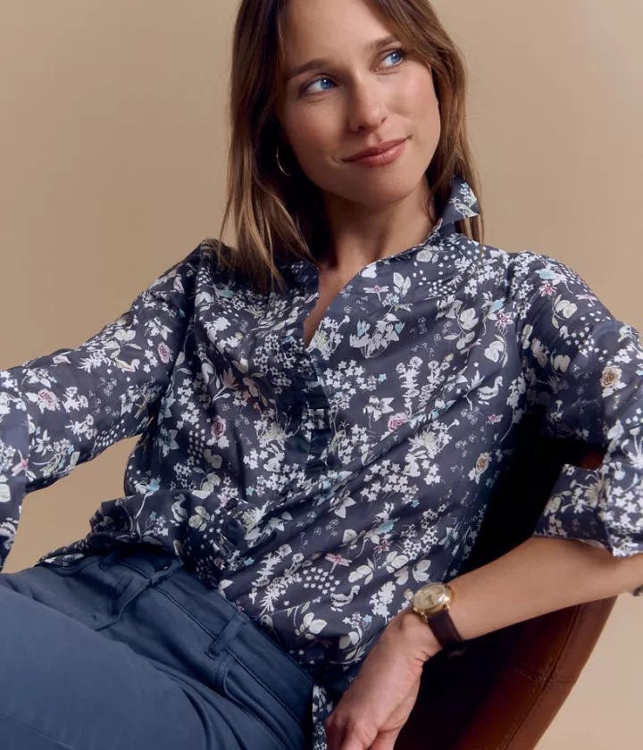Tops & Chemises>DEVERNOIS Chemisier fleuri en coton Détails volantés Grisfer