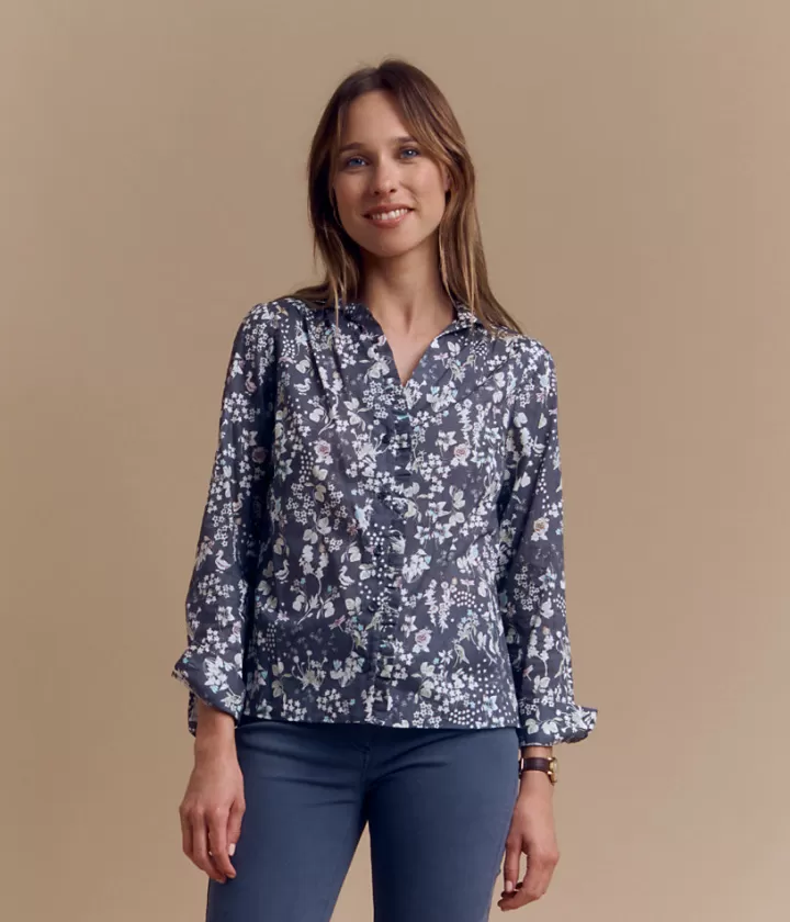Tops & Chemises>DEVERNOIS Chemisier fleuri en coton Détails volantés Grisfer