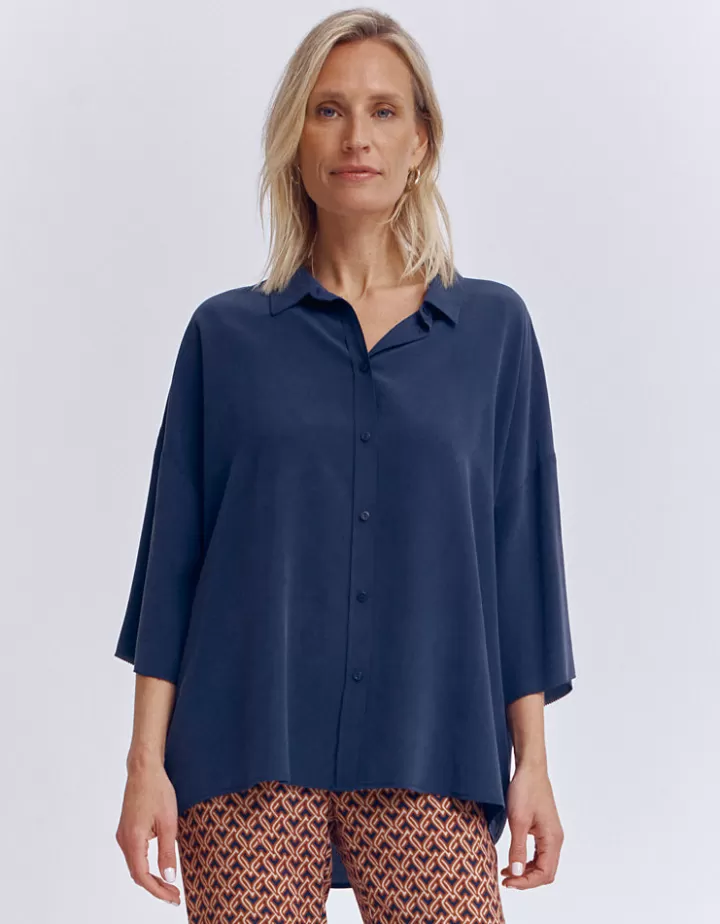 Tops & Chemises>DEVERNOIS Chemisier oversize En soie lavée Marine