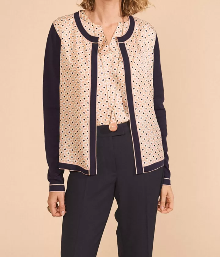 Maille>DEVERNOIS Gilet bi-matière twill de soie Dessin exclusif