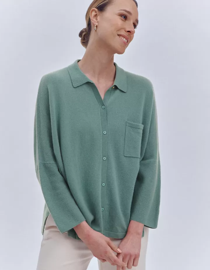 Maille>DEVERNOIS Gilet coupe chemisier En laine et cachemire Verteucalyptus