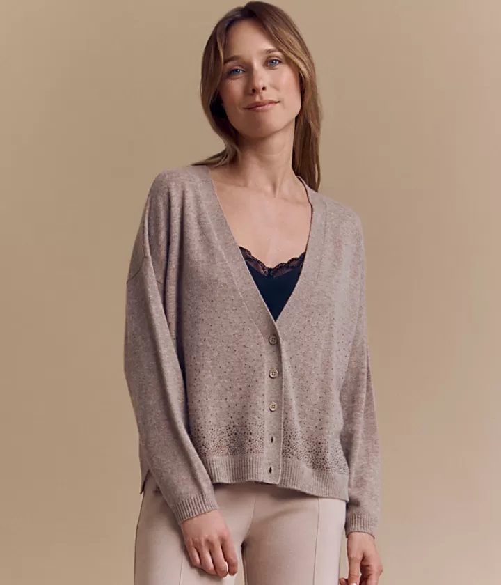 Maille>DEVERNOIS Gilet en laine et cachemire À strass Beigeantilope