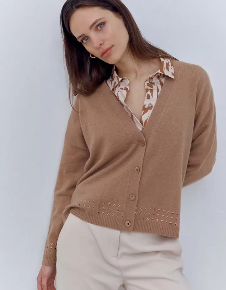 Maille>DEVERNOIS Gilet en laine et cachemire Détails clous Marroncappuccino