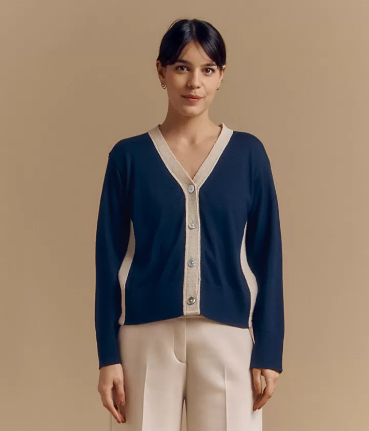 Maille>DEVERNOIS Gilet en viscose et laine Mérinos Tricoté en France Bleumarine