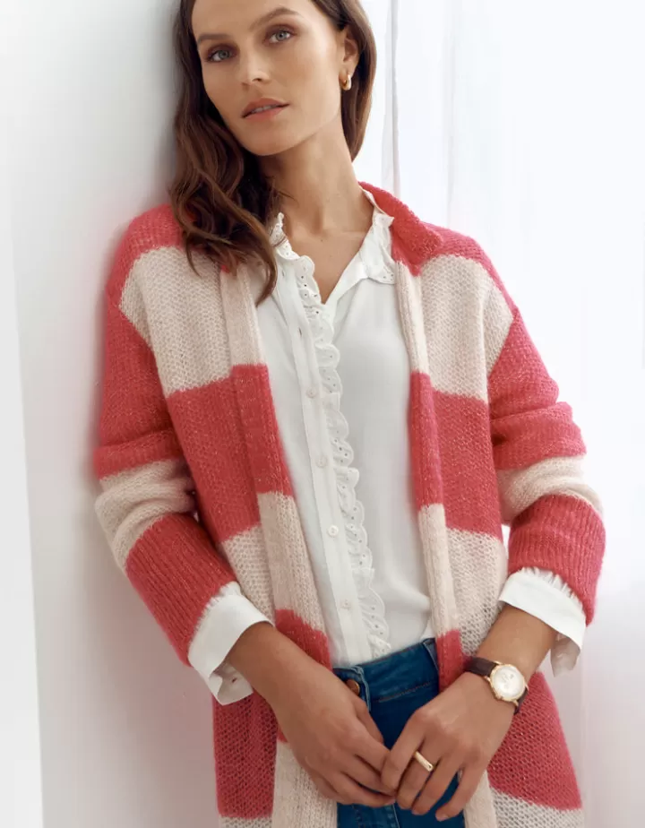 Maille>DEVERNOIS Gilet long maille en mohair Made in France Rose
