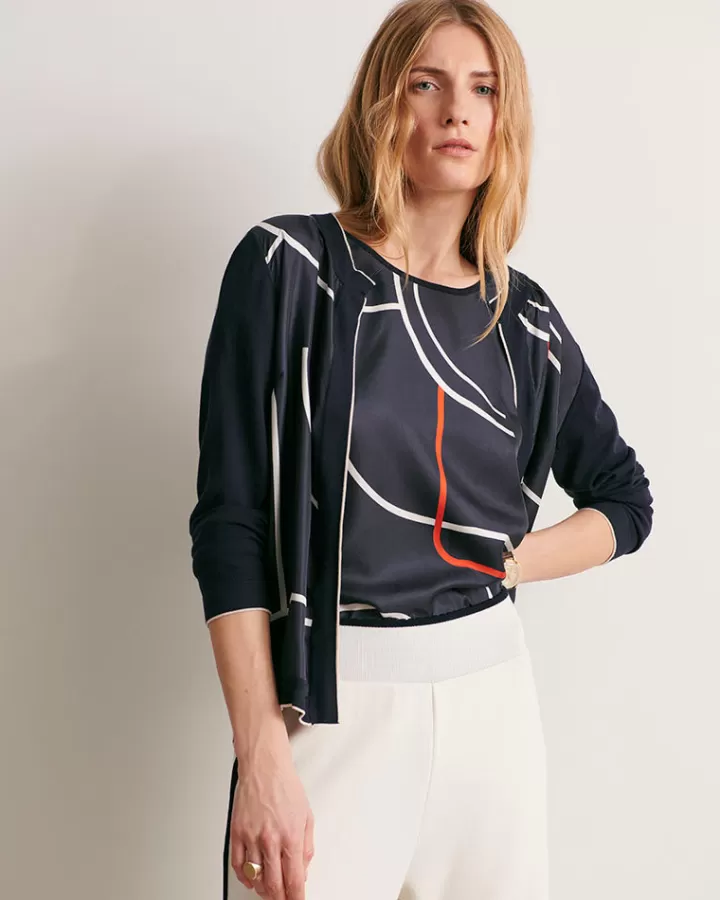 Maille>DEVERNOIS Gilet twin-set imprimé En twill de soie Bleumarine