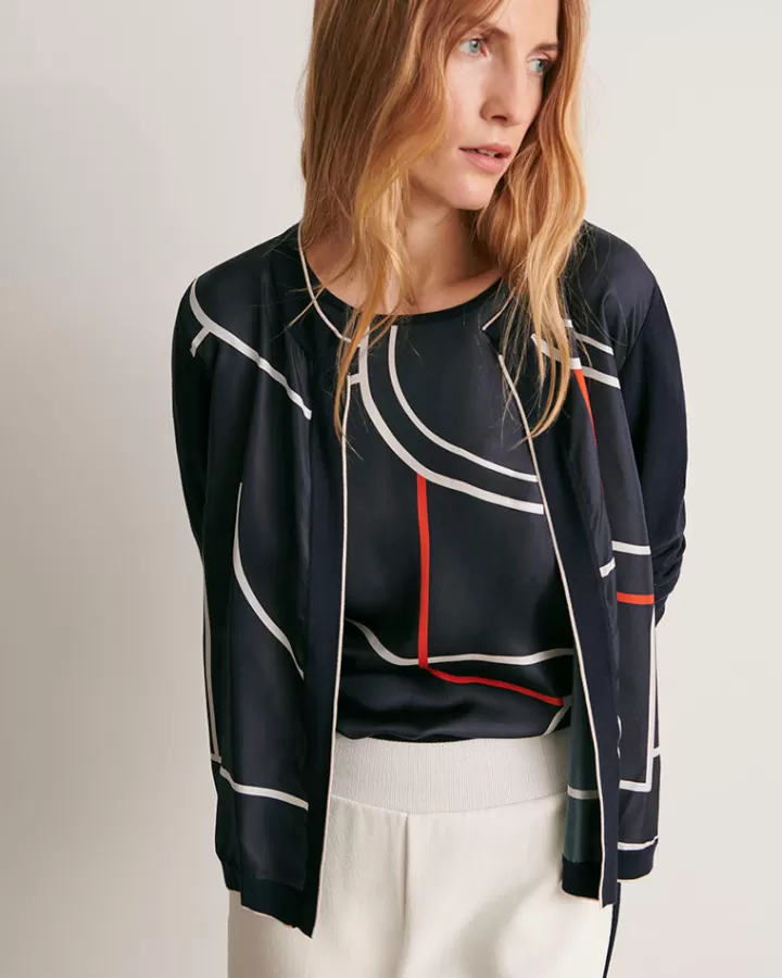 Maille>DEVERNOIS Gilet twin-set imprimé En twill de soie Bleumarine