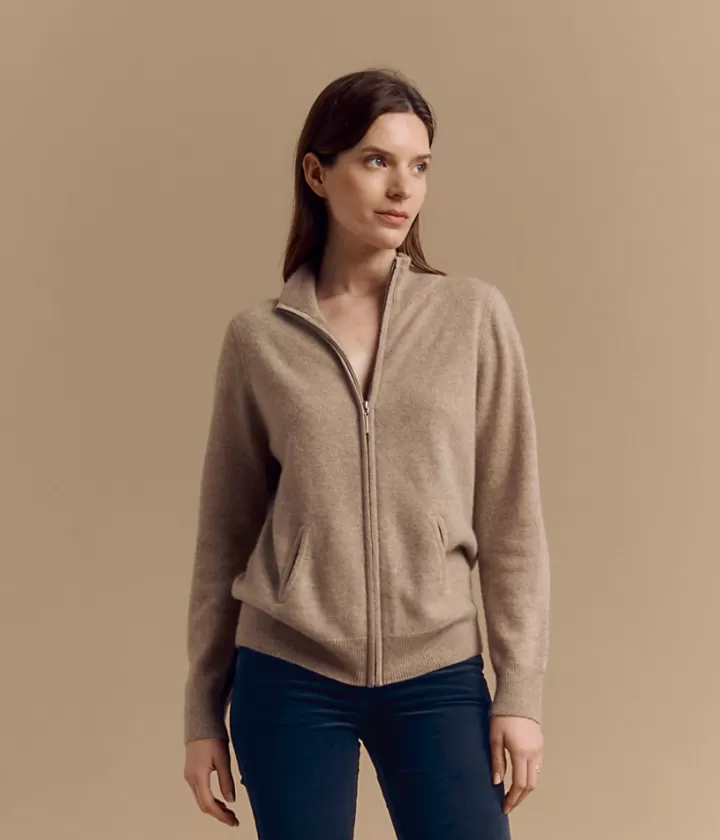Maille>DEVERNOIS Gilet zippé en laine et cachemire Col cheminé Camelnoisette
