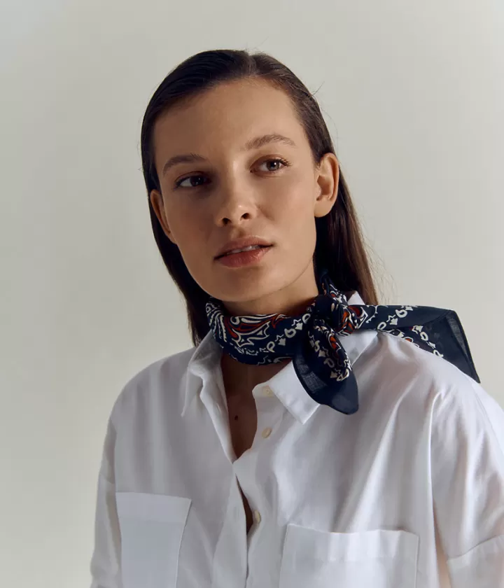 Accessoires>DEVERNOIS Grand carré bandana en coton Tissu écologique Bleumarine