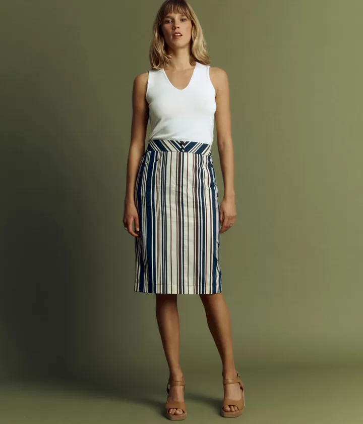 Robes & Jupes>DEVERNOIS Jupe droite à rayures en coton stretch Longueur genoux Beige