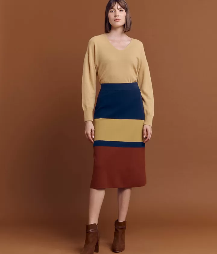 Robes & Jupes | Maille>DEVERNOIS Jupe évasée en maille à rayures Tricotée en France Jaune
