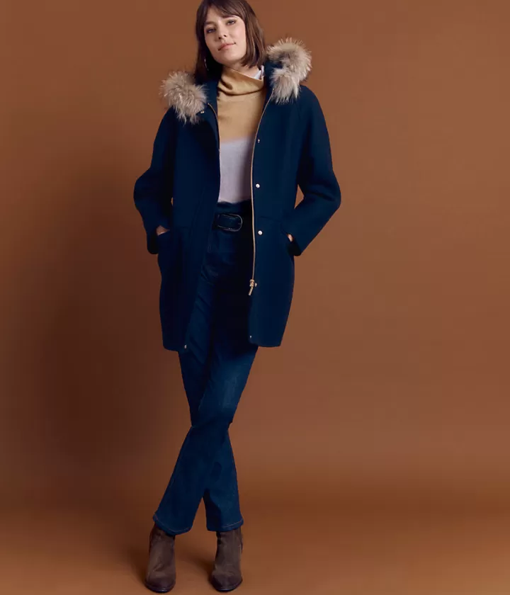 Vestes & Manteaux>DEVERNOIS Manteau à capuche en laine Style duffle-coat Marine
