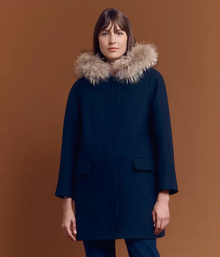 Vestes & Manteaux>DEVERNOIS Manteau à capuche en laine Style duffle-coat Marine