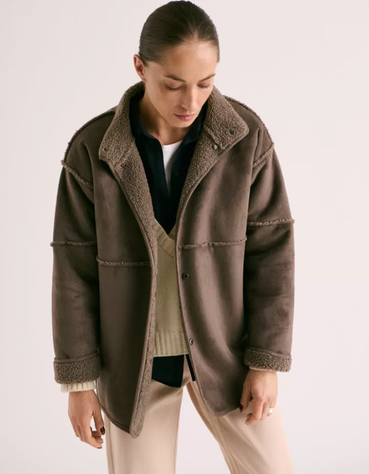 Vestes & Manteaux>DEVERNOIS Manteau court En fausse peau retournée Marronchaudron