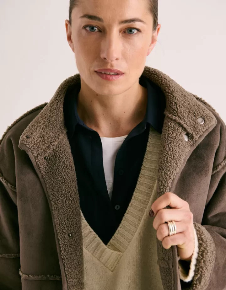 Vestes & Manteaux>DEVERNOIS Manteau court En fausse peau retournée Marronchaudron