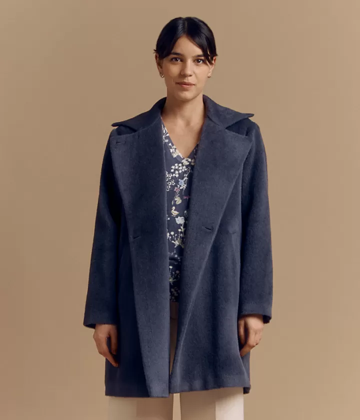 Vestes & Manteaux>DEVERNOIS Manteau doublé en laine et alpaga Double boutonnage Bleudenim